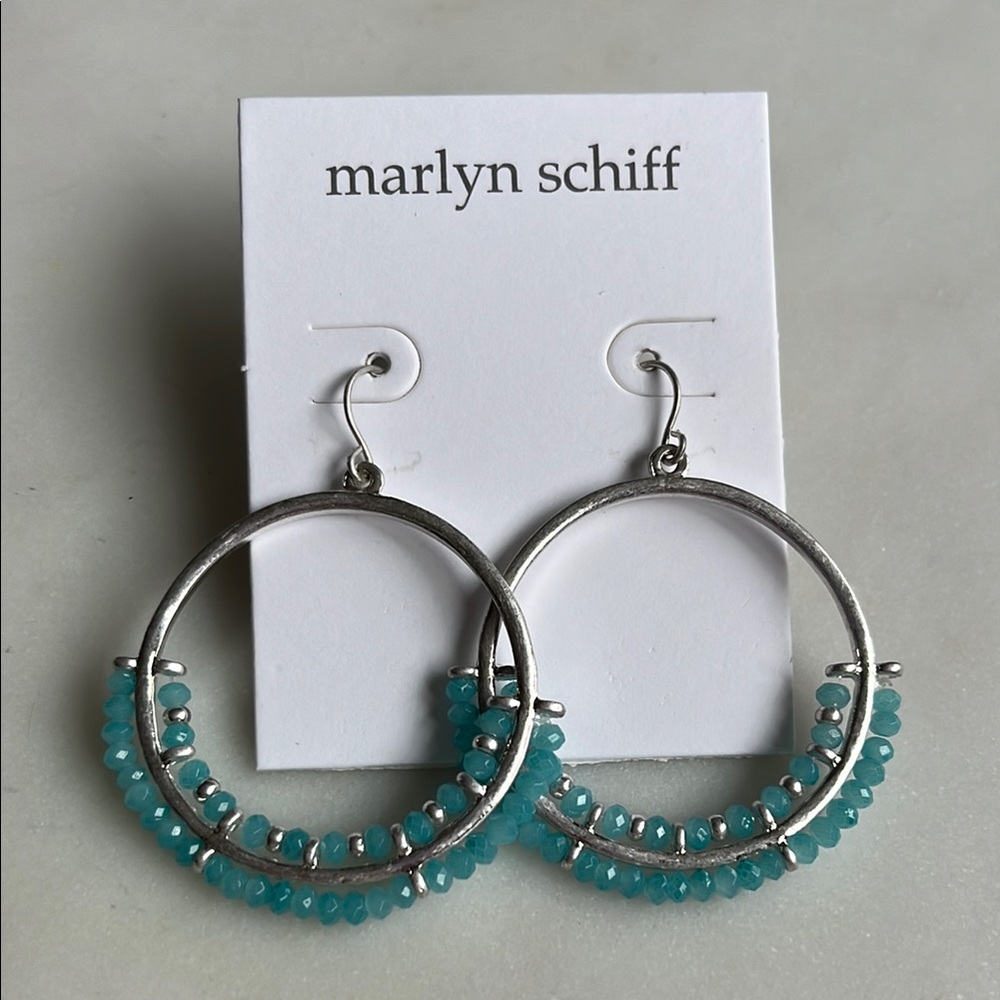 Marlyn Schiff Round Beaded Silver and Teal Dangle Earrings Hoop Drop Jewelry NWT